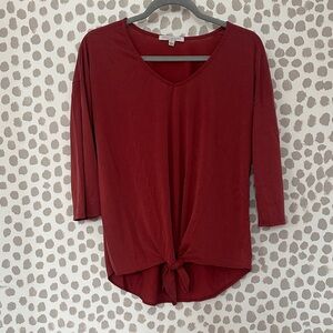 Green Envelope Burgundy Long Sleeve Tie-Front Top